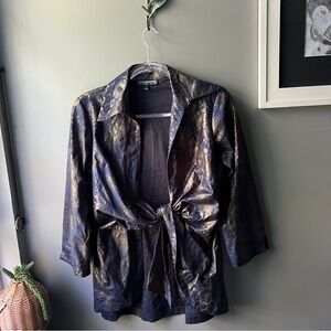 Vintage Mishca Navy Blue Animal Print Tie Up Blouse Size Small Top